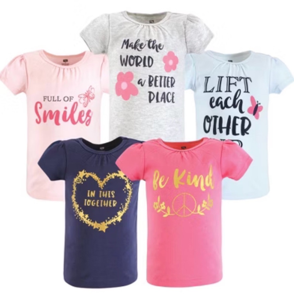 Girls shirts lot of 5 all size 5 NEW “be kind” “in this together” “full of smile